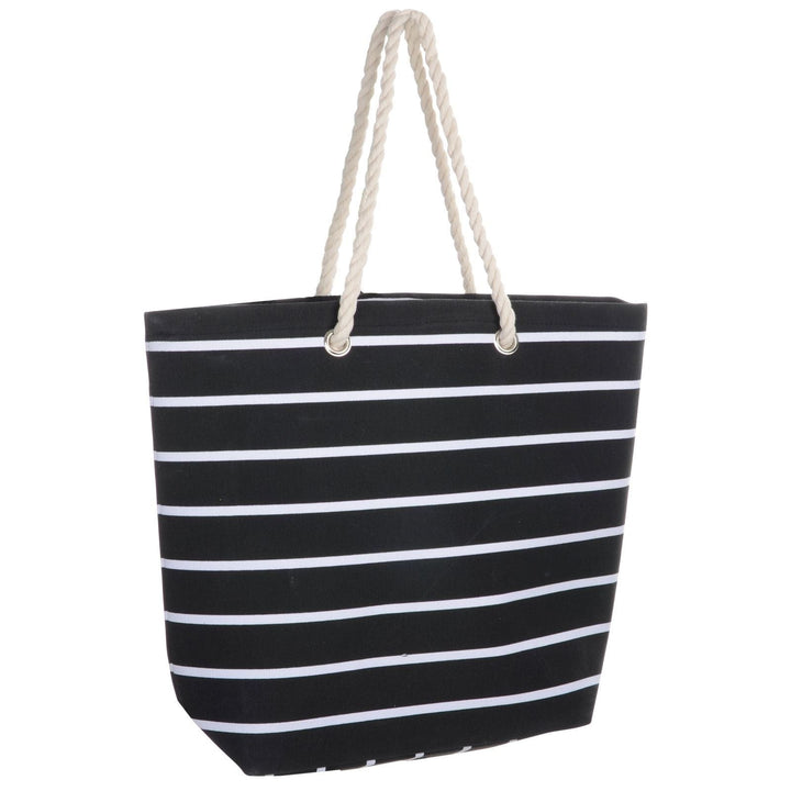 Womens Striped Canvas Beach Shoulder Bag Shopping Tote Black