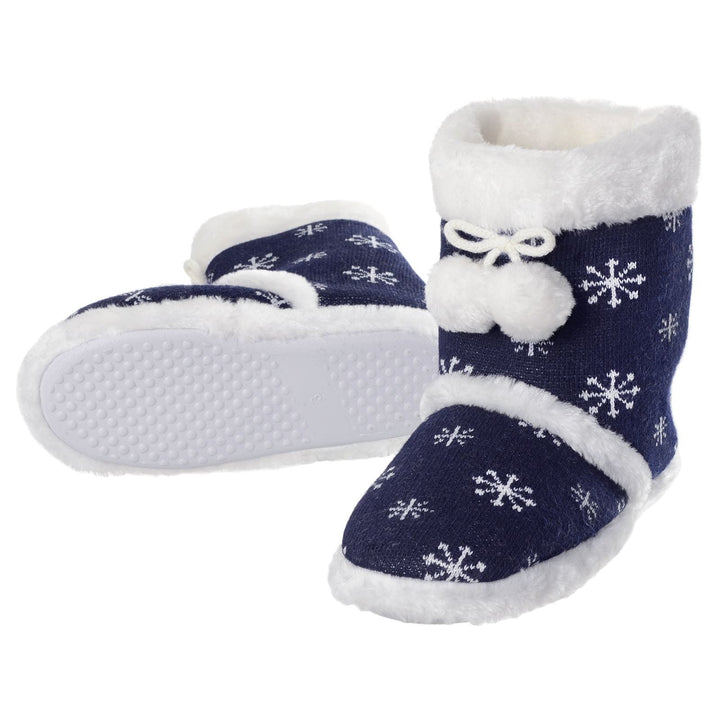 Womens Slipper Boots Soft Fleece Snowflakes Pom Poms