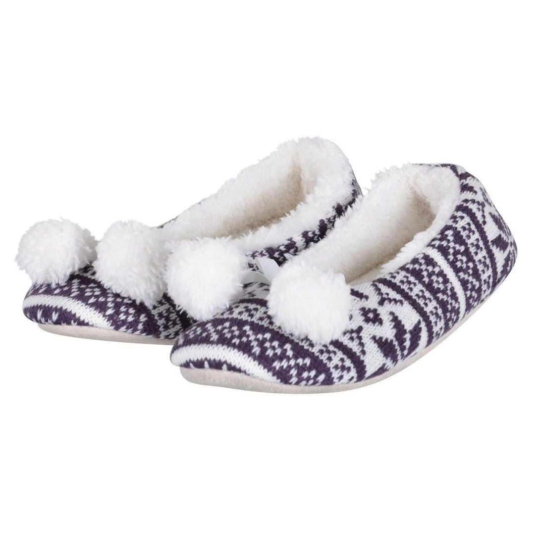 Womens Fair Isle Knit Ballet Slippers Pom Poms Fleece Purple / 3-4