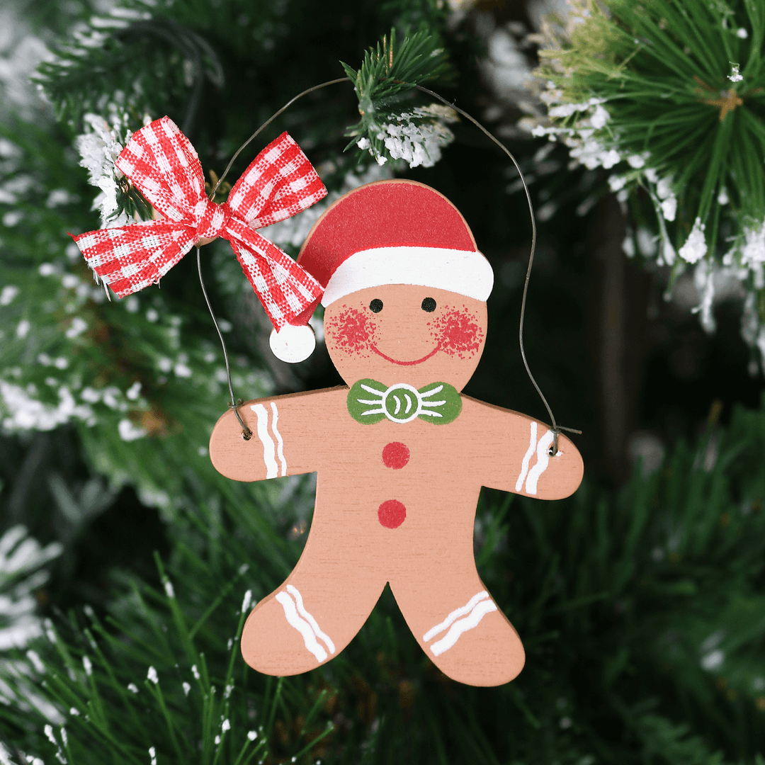 Set Of 6 Gingerbread Man Xmas Tree Decorations Wooden Boxed