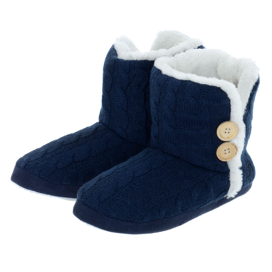 Womens Cable Knit Bootie Slipper With Non Slip Soles Navy / 4