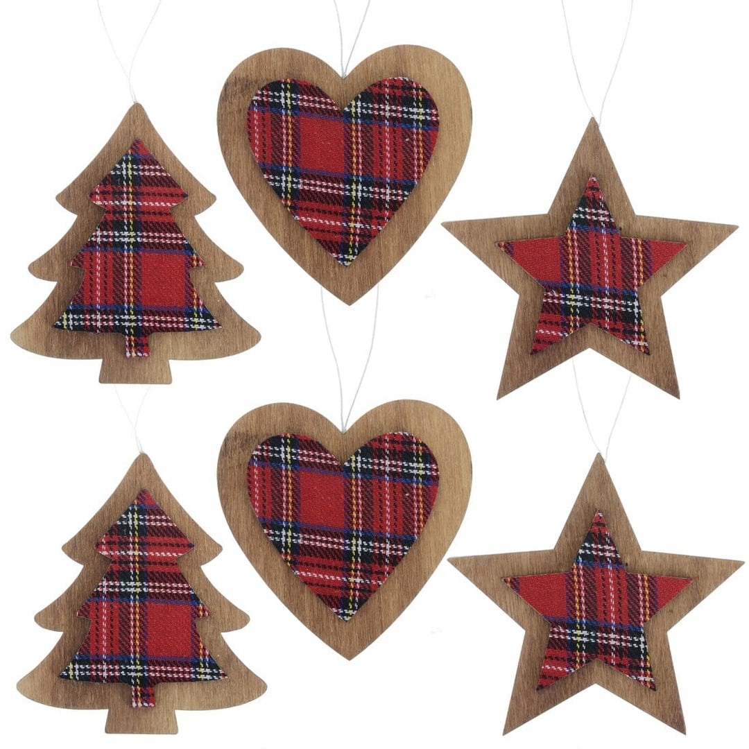 Set of 6 Tartan Wooden Hanging Christmas Tree Decorations Red