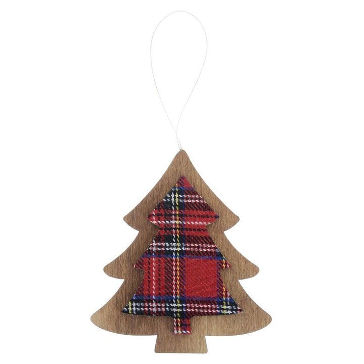 Set of 6 Tartan Wooden Hanging Christmas Tree Decorations