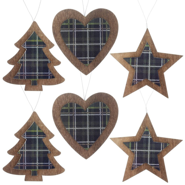 Set of 6 Tartan Wooden Hanging Christmas Tree Decorations Green