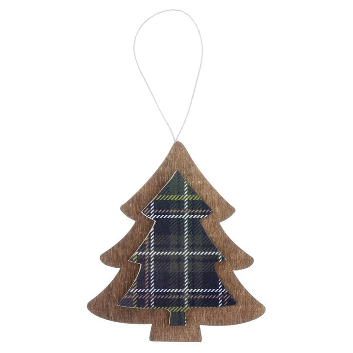 Set of 6 Tartan Wooden Hanging Christmas Tree Decorations