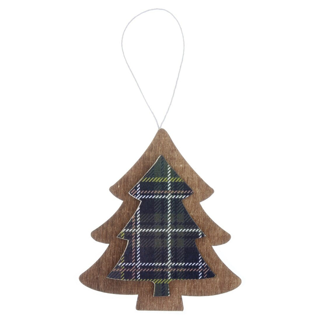 Set of 6 Tartan Wooden Hanging Christmas Tree Decorations