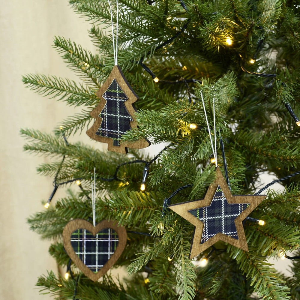 Set of 6 Tartan Wooden Hanging Christmas Tree Decorations