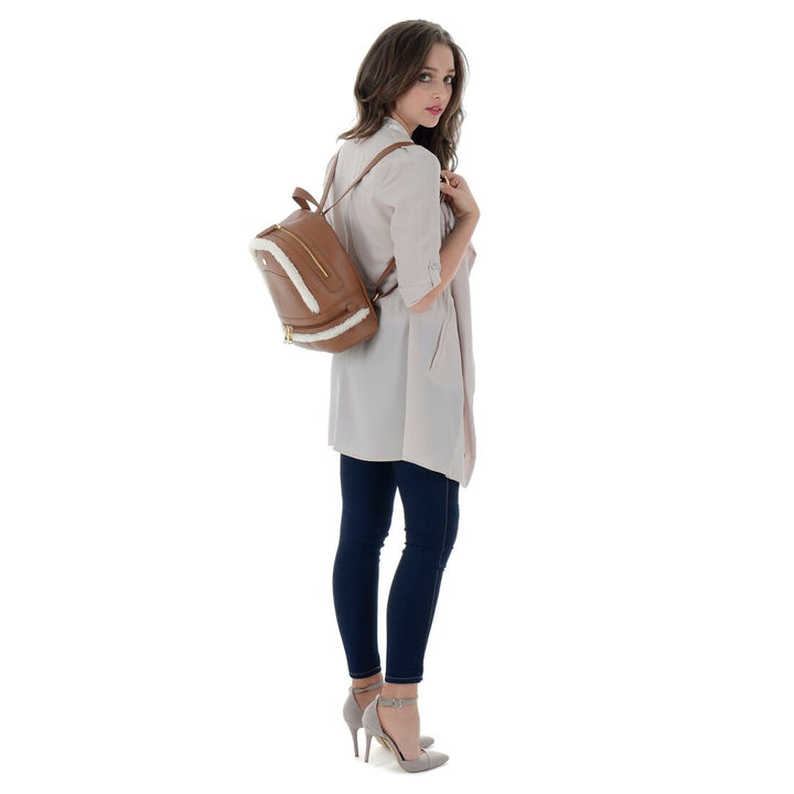 Womens Leyla Faux Leather Zip Backpack Faux Fur Trim