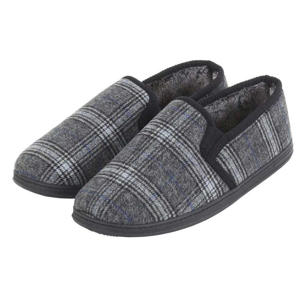 Mens Full Slippers Check Fleece Faux Fur Lining Non-Slip Sole Grey / 7