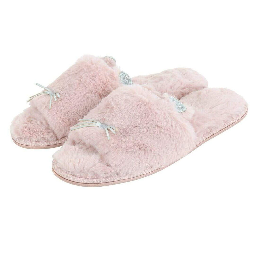 Womens Sliders Kitty Cat Faux Fur Slippers Non-Slip Pink / 3-4