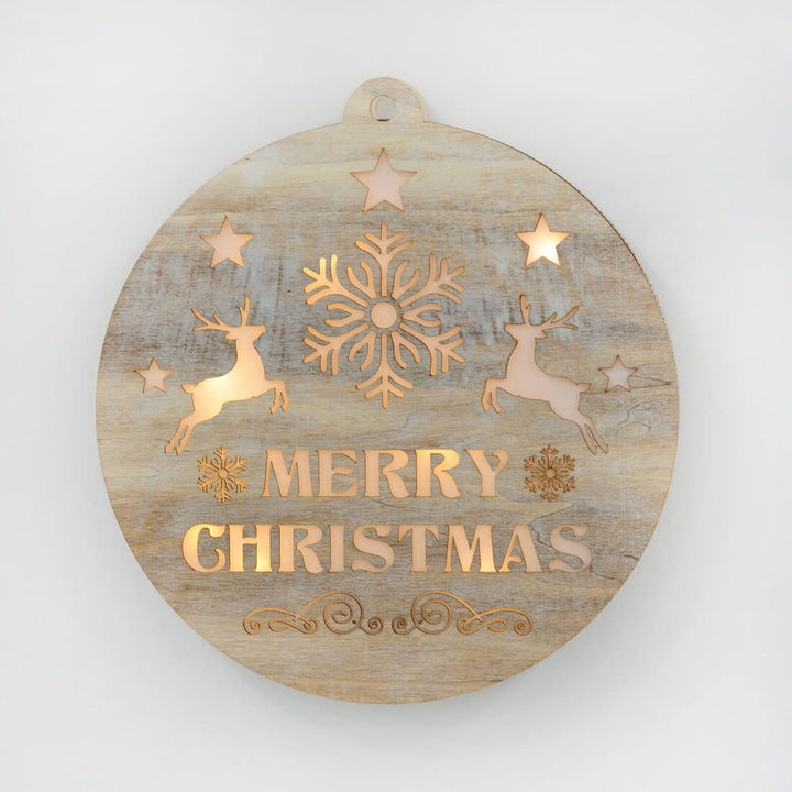Round Wooden Merry Christmas Light Up Hanging Decoration