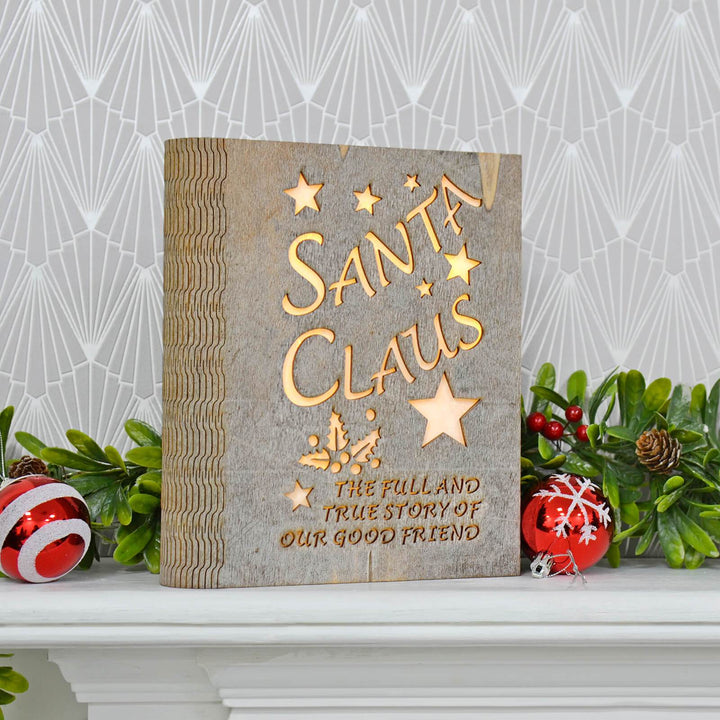 Wooden Santa Claus Christmas Book Light Up Xmas Decoration