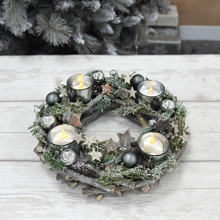 Wooden Wreath Tealight Candle Holder Christmas Decoration 30cm