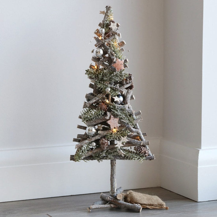 Pre-Lit Wooden Stick Christmas Tree Xmas Decoration 55cm