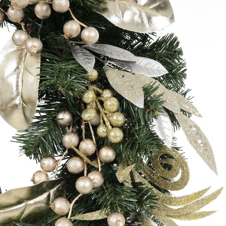 Christmas Wreath Pre-Lit Silver Gold Leaf Berries 60cm (2ft)
