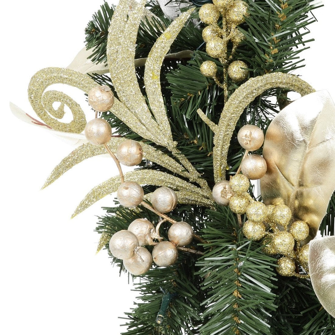 Christmas Wreath Pre-Lit Silver Gold Leaf Berries 60cm (2ft)