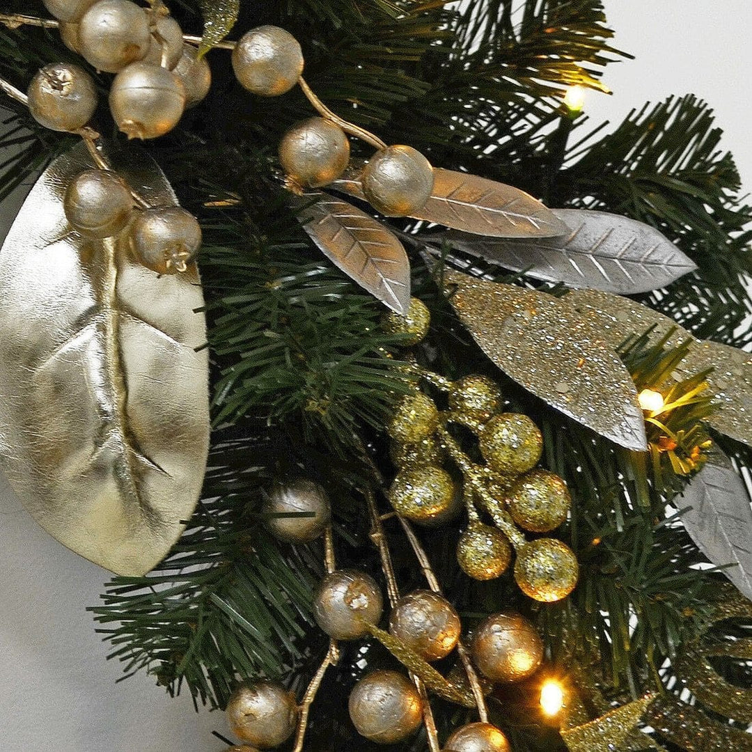 Christmas Wreath Pre-Lit Silver Gold Leaf Berries 60cm (2ft)