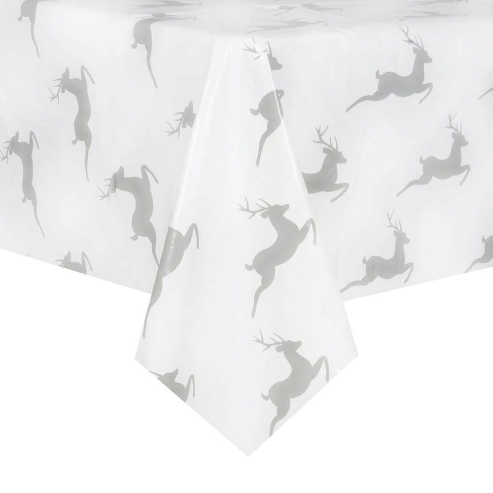 Christmas Tablecloth PVC Wipe Clean Xmas Table Cover Reindeer - White