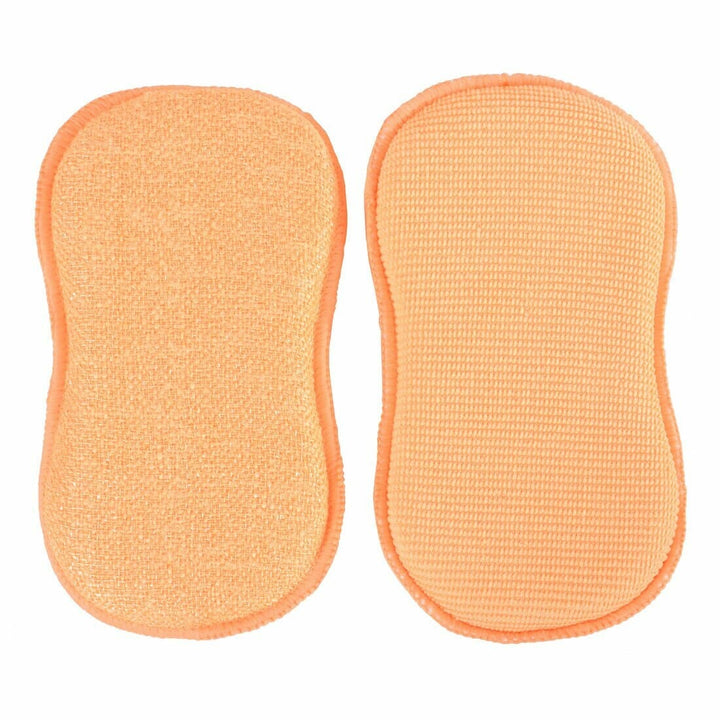 Orange cleaning pads with one side for dusting and the other for scrubbing