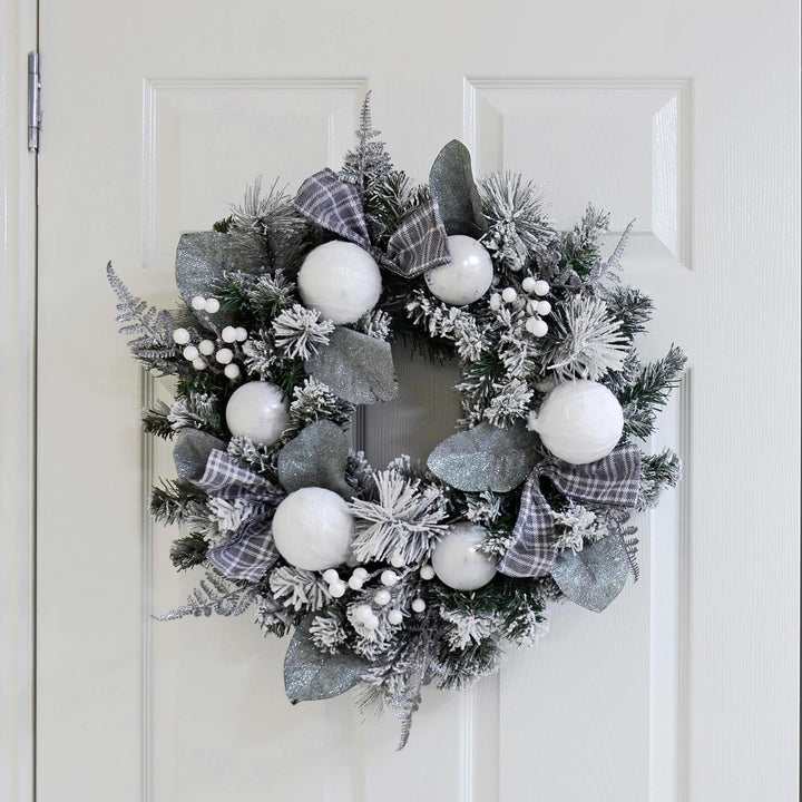 Snow Flocked Christmas Wreath With Grey Tartan Bows 60cm