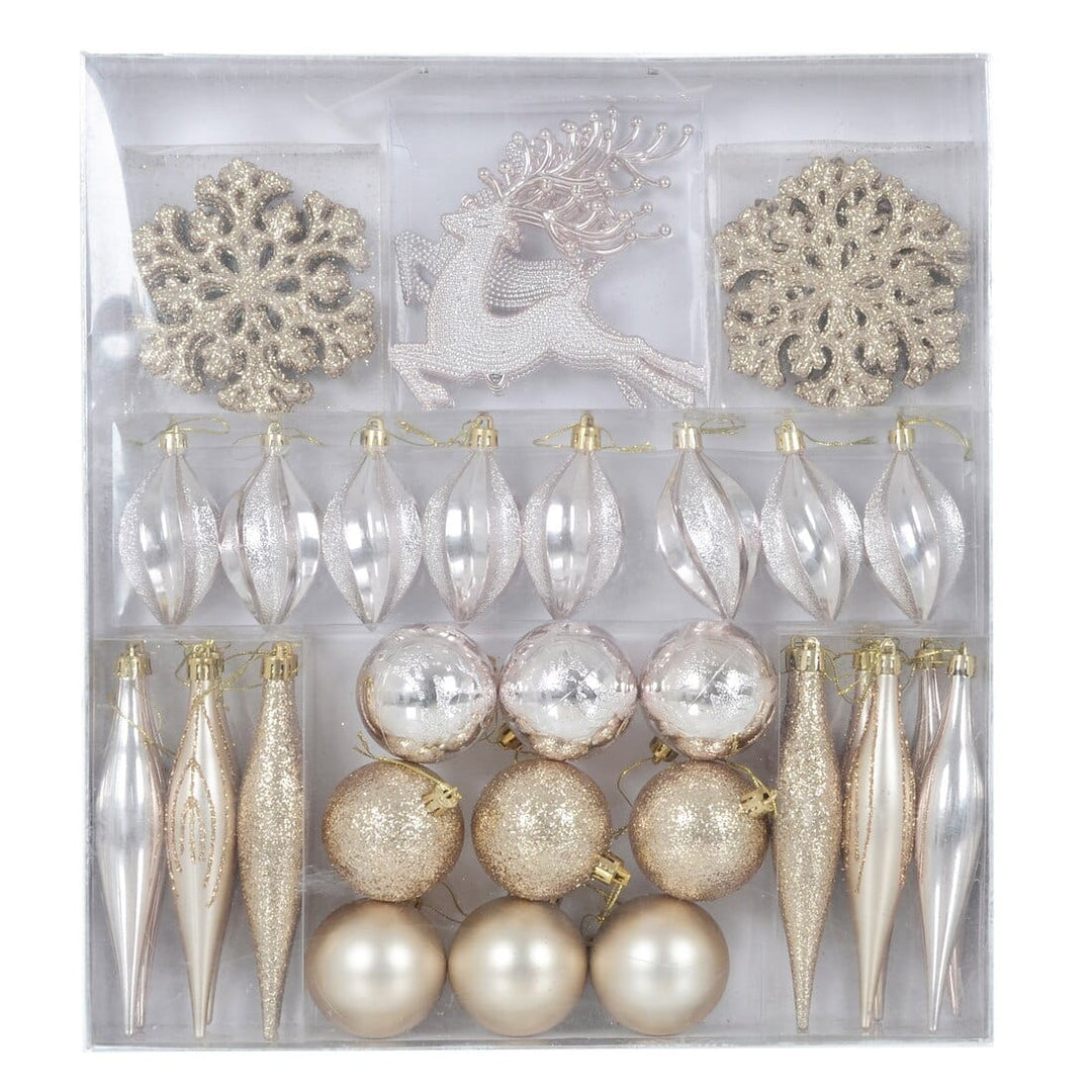 45pc Metallic Christmas Tree Decoration Set Mixed Baubles Champagne
