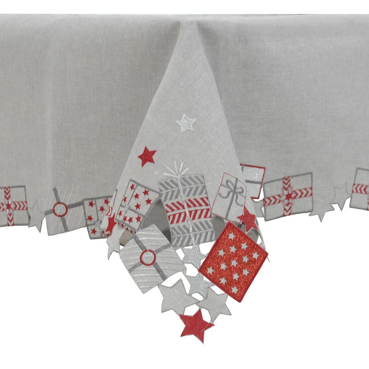 Christmas Presents Tablecloths Napkins Grey Fabric Embroidery 52 x 70"