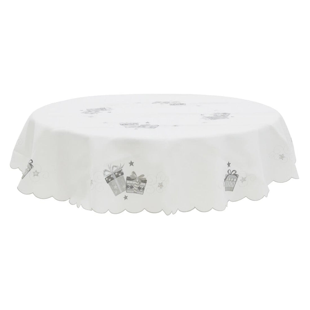 Christmas Presents Tablecloths Napkins White Fabric Embroidery 70" Round
