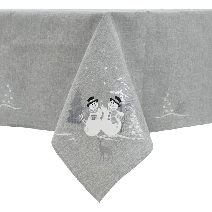 Christmas Snowman Tablecloths Napkins Grey Fabric Embroidery 52 x 70"