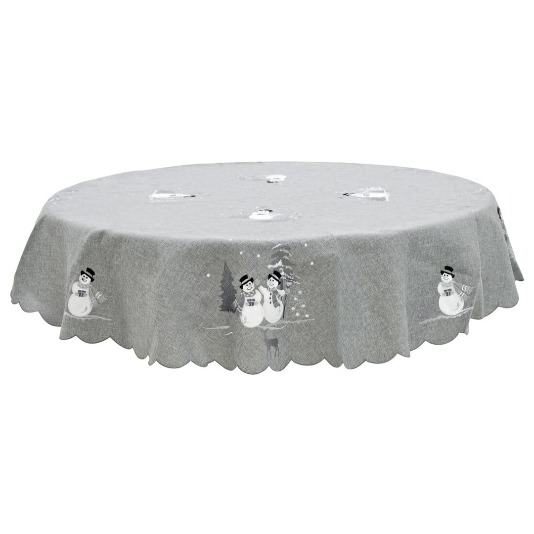 Christmas Snowman Tablecloths Napkins Grey Fabric Embroidery 70" Round