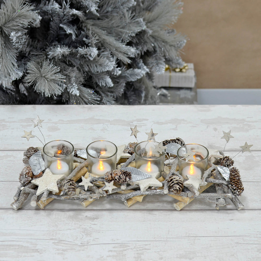 Wooden Candle Holder Christmas Decoration Silver Twigs 40cm