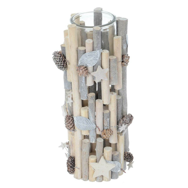 Tall Wooden Candle Holder Christmas Silver Twigs Stars Cones 27cm