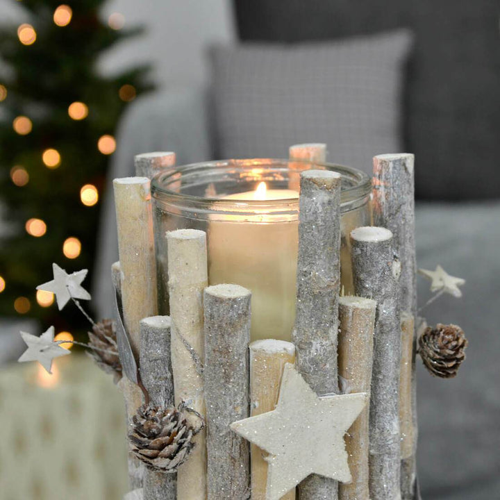 Tall Wooden Candle Holder Christmas Silver Twigs Stars Cones 37cm