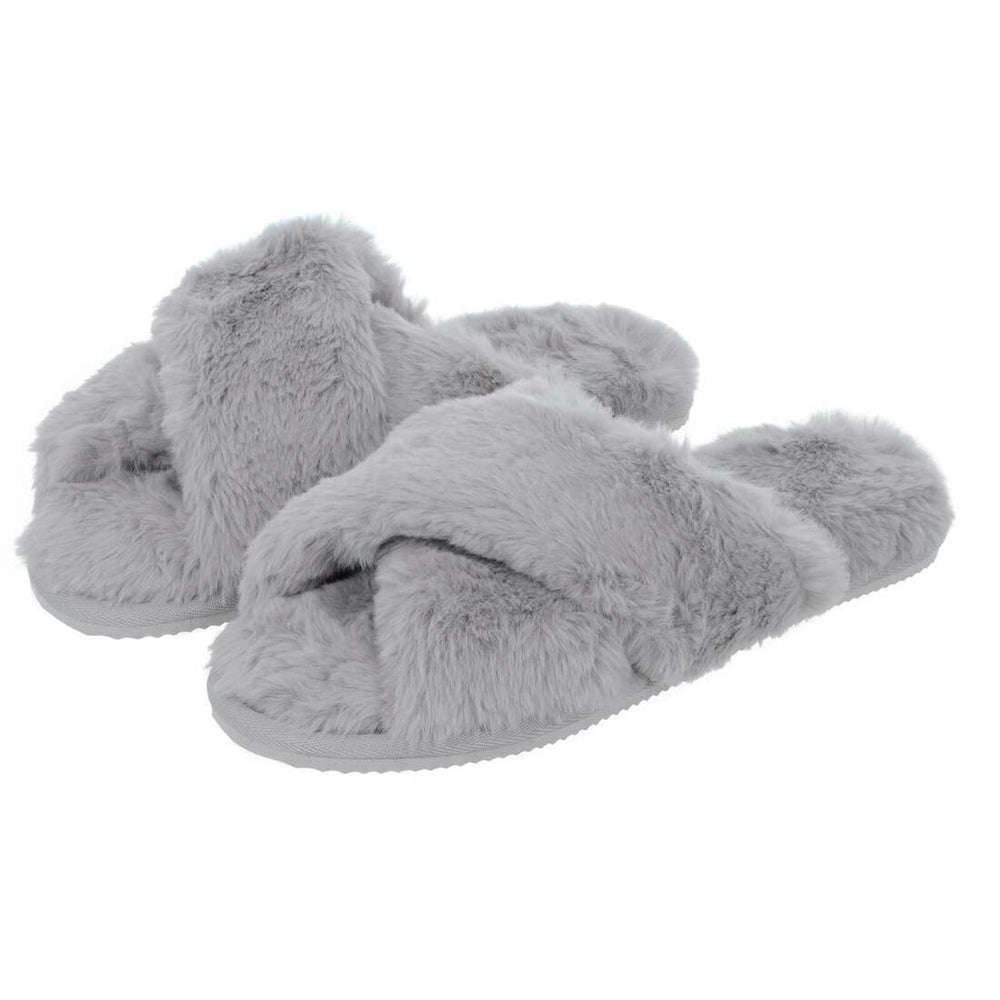 Womens Trixie Mule Slippers Crossover Sliders Soft Faux Fur Grey / UK 3