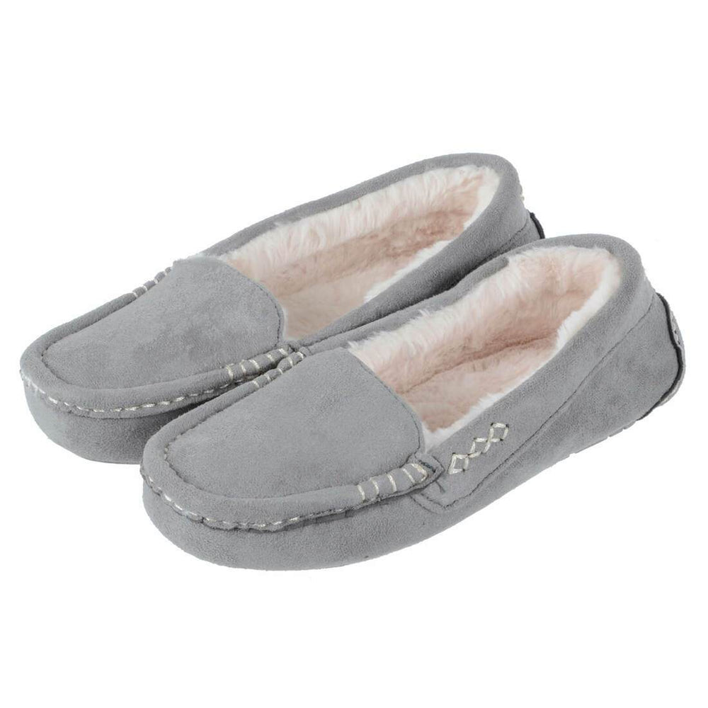 Womens Moccasin Slippers Luxury Microsuede Faux Fur Lining Grey / UK 3