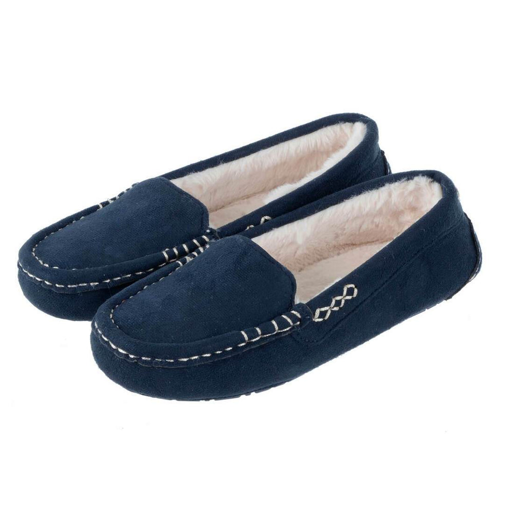 Womens Moccasin Slippers Luxury Microsuede Faux Fur Lining Navy / UK 3