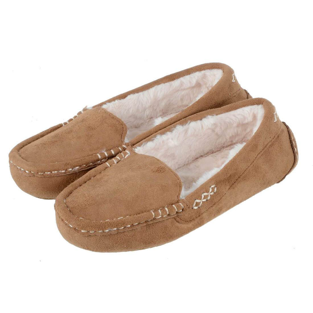 Womens Moccasin Slippers Luxury Microsuede Faux Fur Lining Tan / UK 3