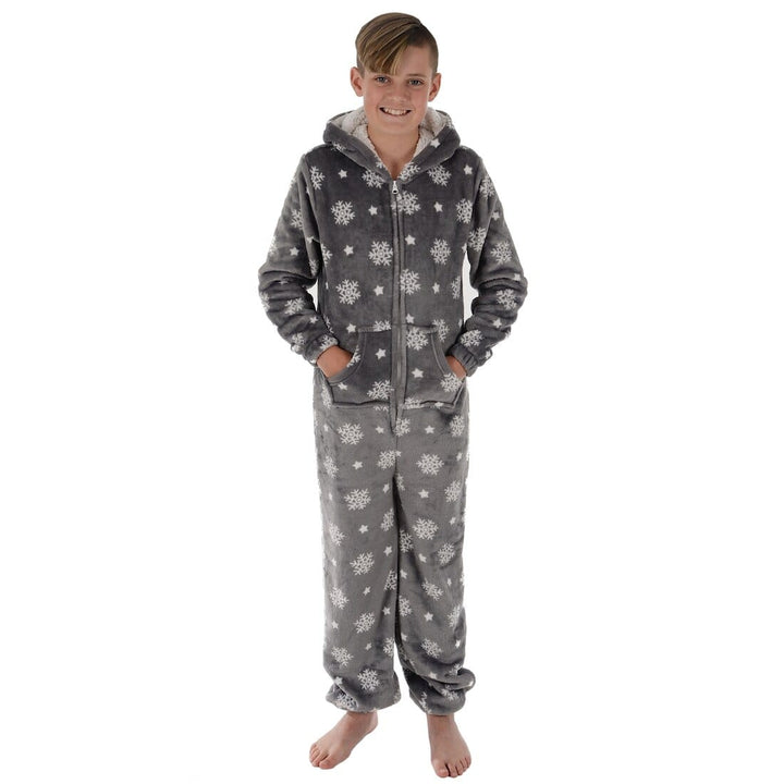 Kids All in One Pyjamas Snowflake Fleece Hooded Sleep Suit Grey / 4-5