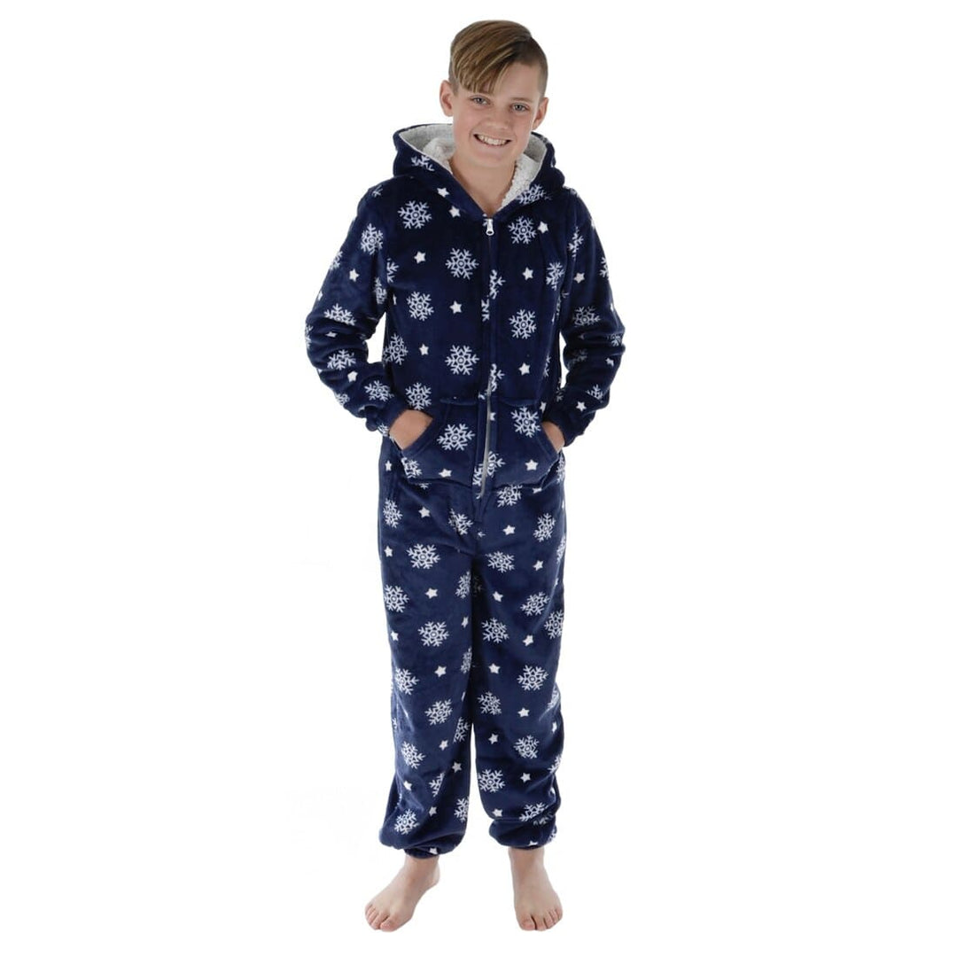 Kids All in One Pyjamas Snowflake Fleece Hooded Sleep Suit Navy / 4-5