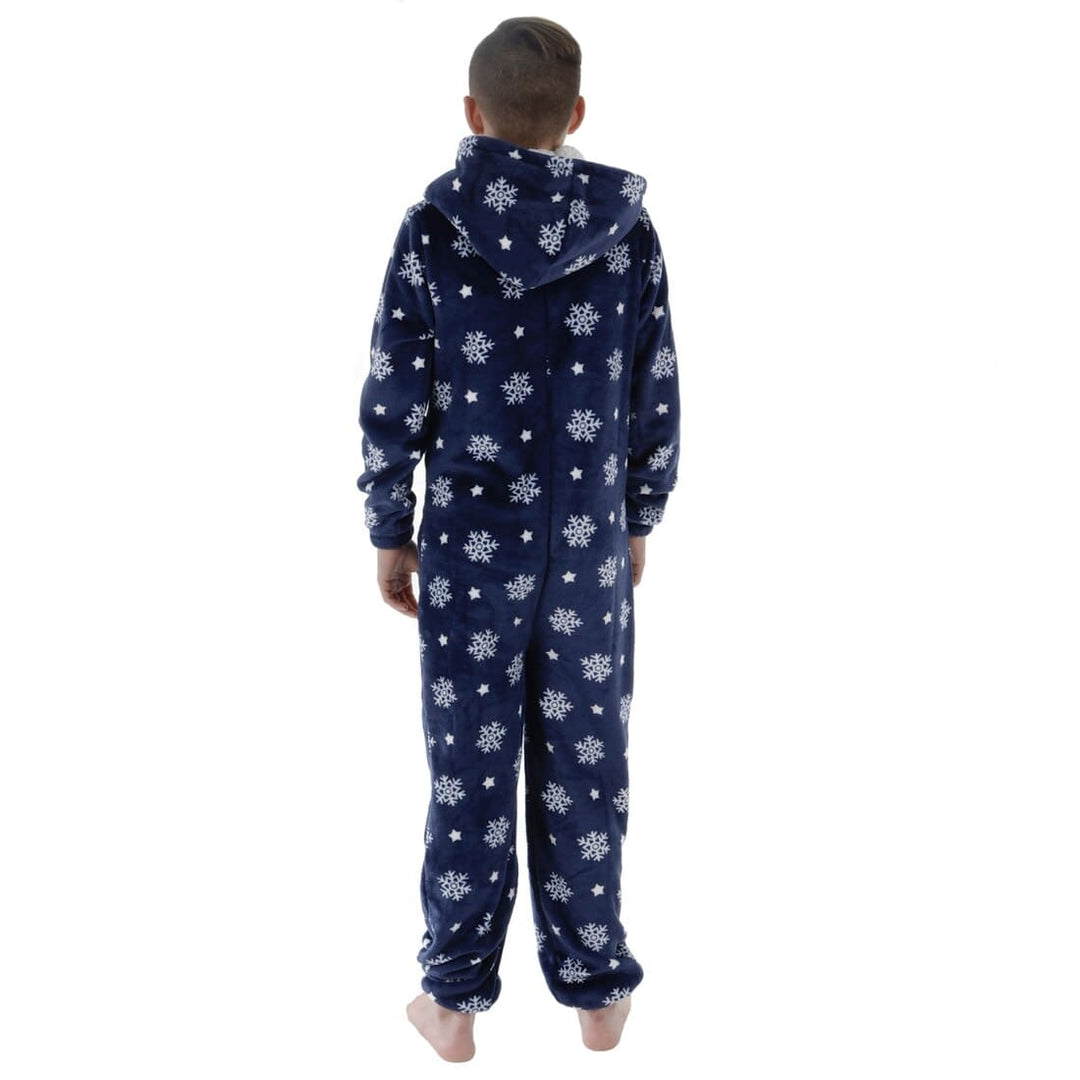 Kids All in One Pyjamas Snowflake Fleece Hooded Sleep Suit