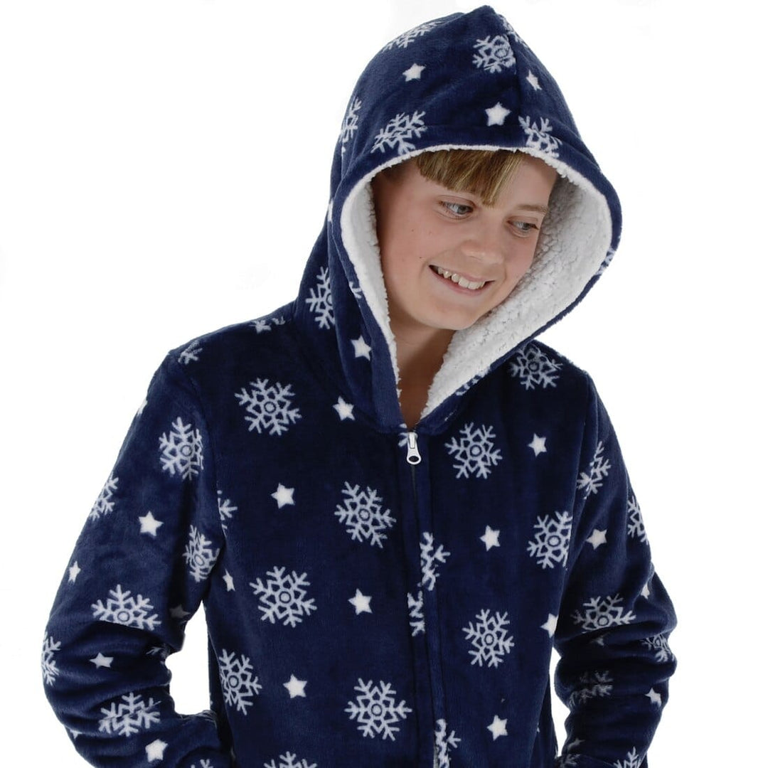 Kids All in One Pyjamas Snowflake Fleece Hooded Sleep Suit