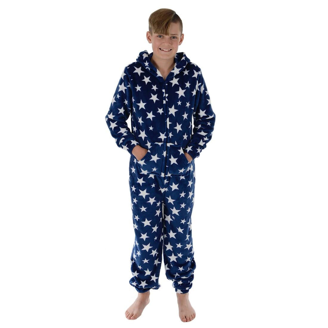 Kids All in One Pyjamas White Stars Fleece Hooded Sleep Suit Navy / 4-5