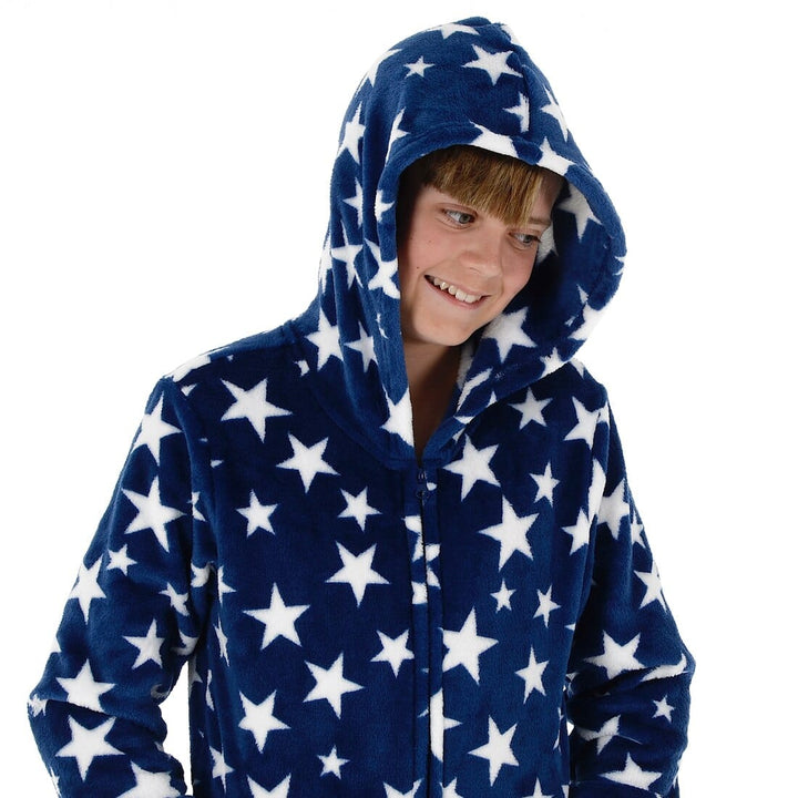 Kids All in One Pyjamas White Stars Fleece Hooded Sleep Suit