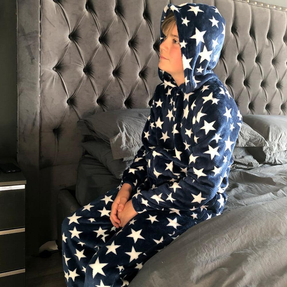 Kids All in One Pyjamas White Stars Fleece Hooded Sleep Suit