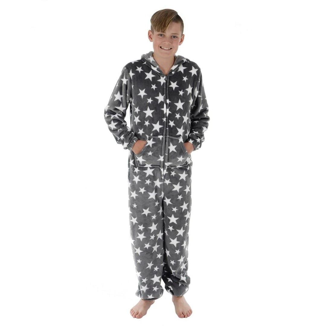 Kids All in One Pyjamas White Stars Fleece Hooded Sleep Suit Grey / 4-5