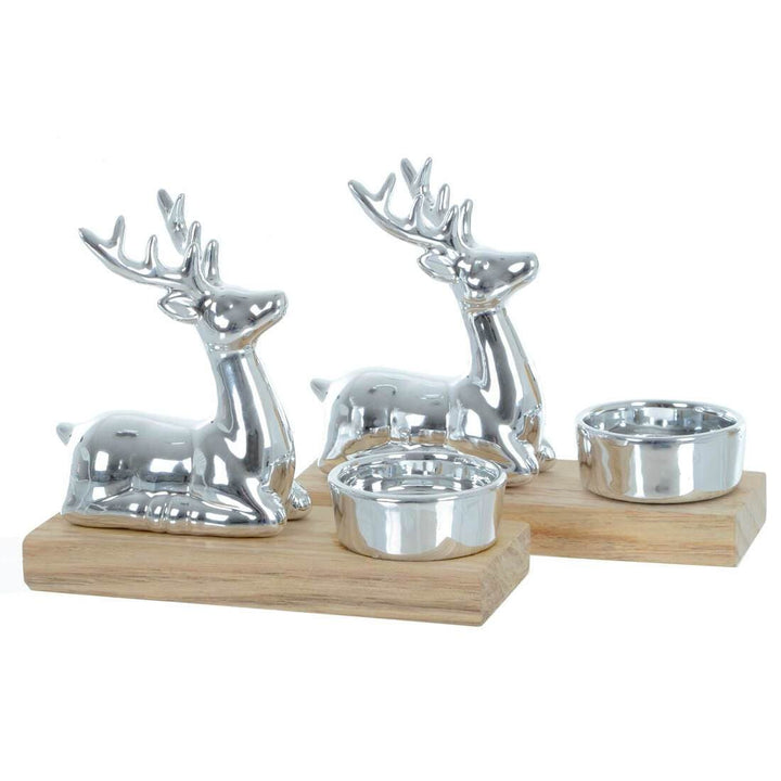 Set Of 2 Christmas Reindeer Silver Candle Holders Wood Base