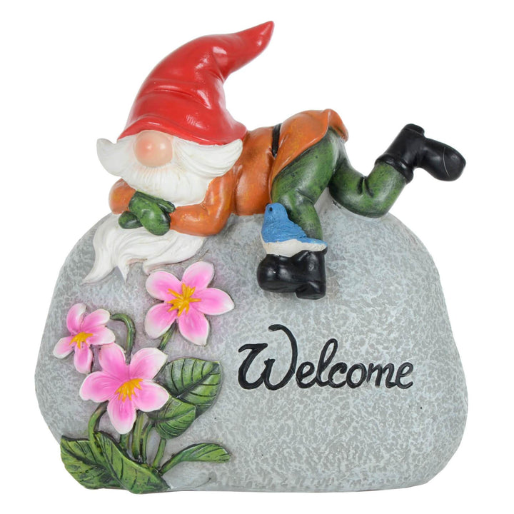 Garden Gnome On Pebble Welcome Ornament Resin Outdoor Decoration Red Hat