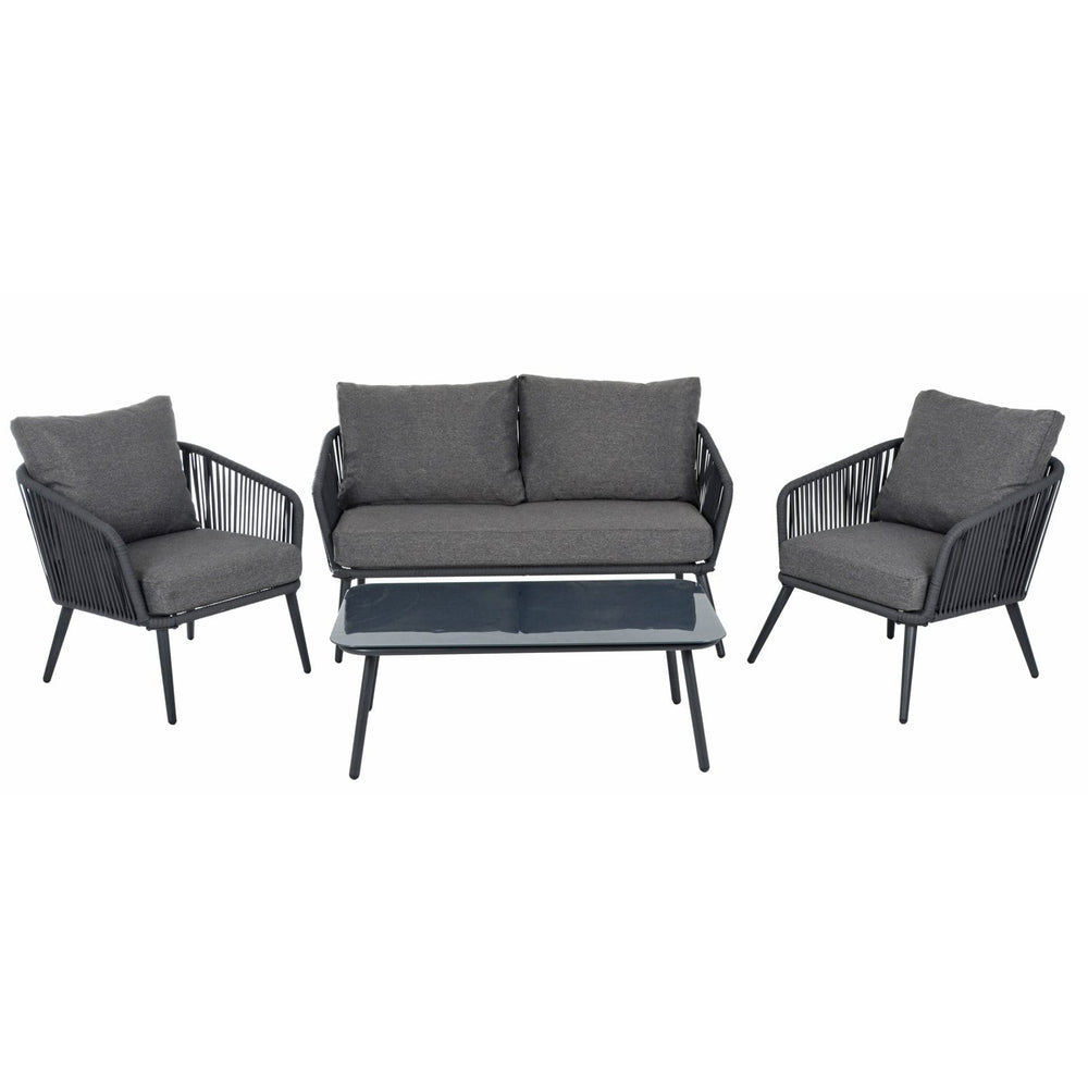 Teramo Garden Sofa Set Black Metal String Seats Glass Table