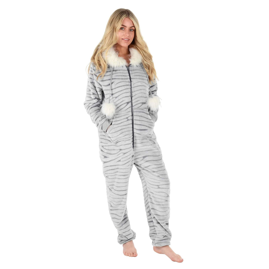 Womens All in One Pyjama Suit Zebra Print Grey Hooded Fleece