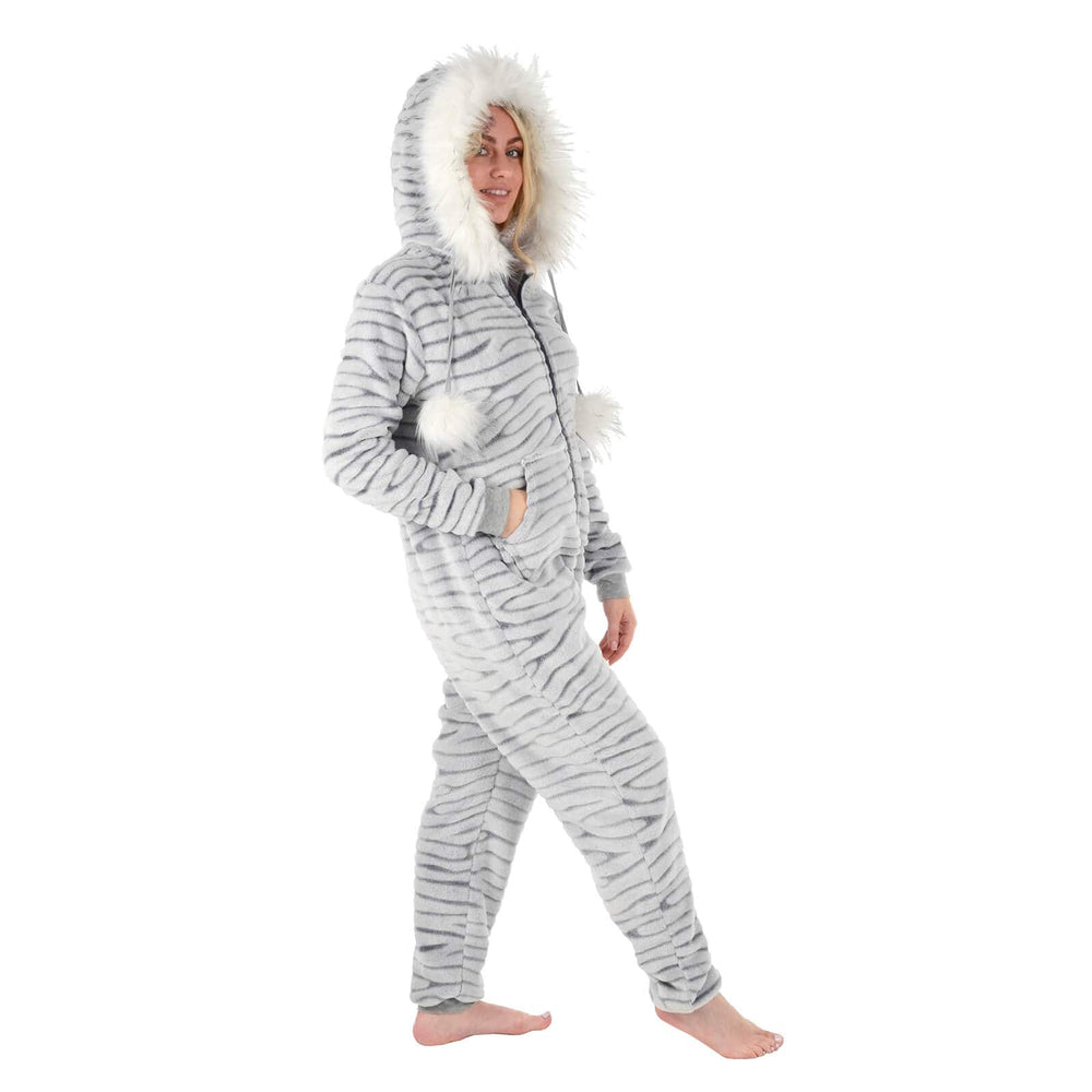 Womens All in One Pyjama Suit Zebra Print Grey Hooded Fleece