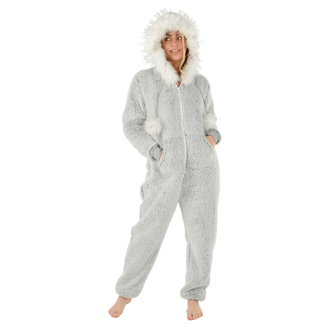 Womens All in One Pyjama Suit Faux Fur Hood Pom Poms Fleece S